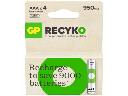 GP Batteries Recyko 950 AAA İnce Kalem Ni-Mh Şarjlı Pil, 1.2 Volt, 4lü Kart