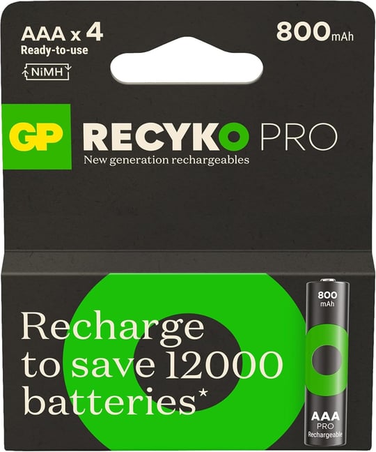 GP Batteries Recyko Pro AAA İnce Ni-Mh Şarjlı Pil, 1.2 Volt, 4lü Kart