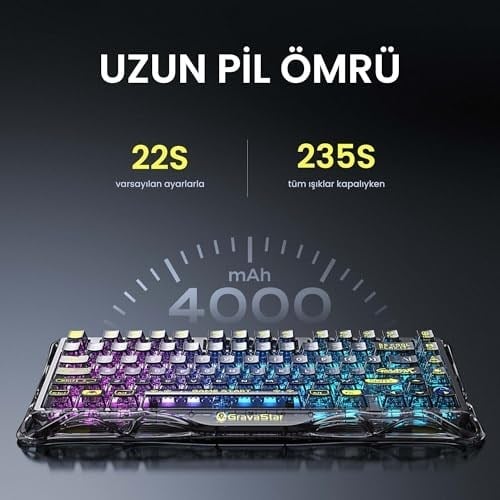 GravaStar Mercury K1 Lite RGB Kablosuz Mekanik Gaming Klavye, İngilizce Q