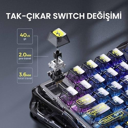 GravaStar Mercury K1 Lite RGB Kablosuz Mekanik Gaming Klavye, İngilizce Q
