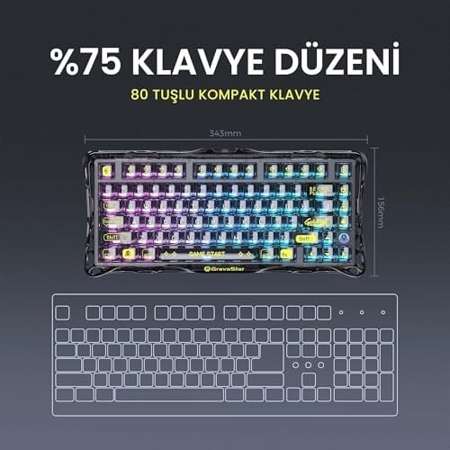 GravaStar Mercury K1 Lite RGB Kablosuz Mekanik Gaming Klavye, İngilizce Q