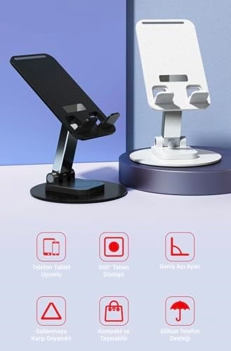 Greenart Alüminyum Tablet ve Telefon Standı, 360 Derece Ayarlanabilir Dönme Özelliği, Çok Amaçlı Masaüstü Dock Tutucu (Siyah)
