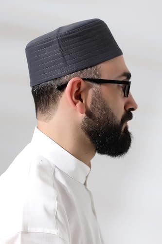 Gri Kapitone Nalı Şerif Nakışlı Kalıp Namaz Takkesi