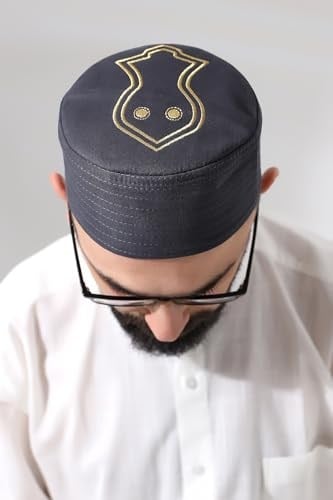 Gri Kapitone Nalı Şerif Nakışlı Kalıp Namaz Takkesi