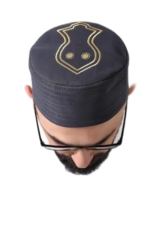 Gri Kapitone Nalı Şerif Nakışlı Kalıp Namaz Takkesi