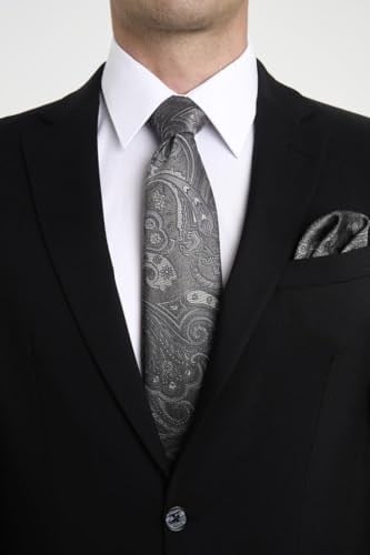 Gri Şal Motif Desen Kravat Mendil Set