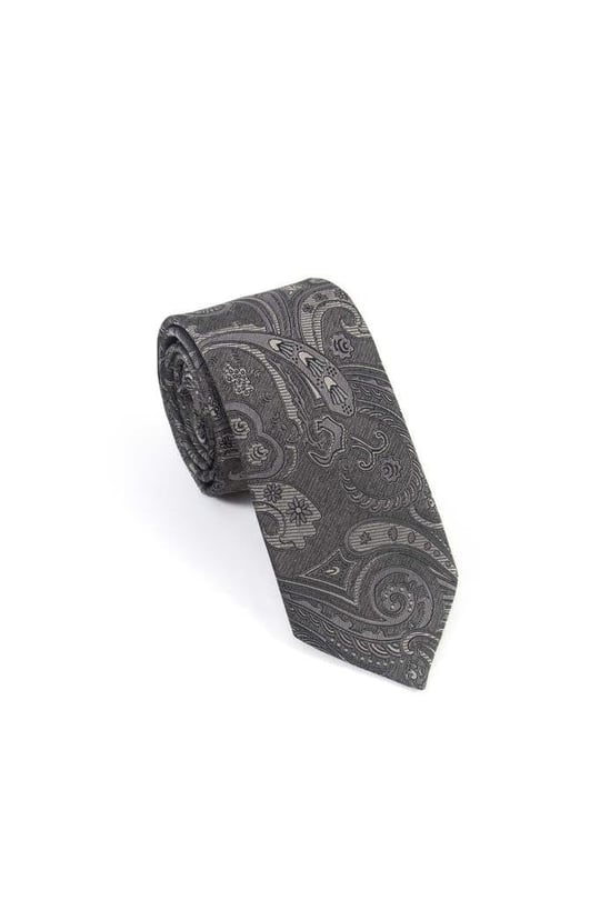 Gri Şal Motif Desen Kravat Mendil Set