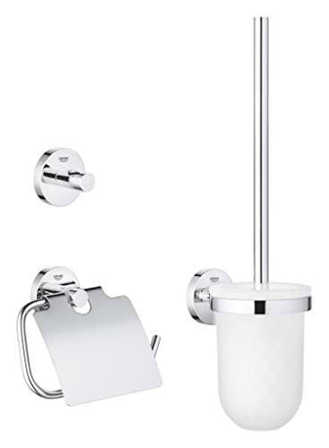 GROHE Start QuickFix Üçlü Tuvalet Aksesuar Seti, Kapaklı Tuvalet Kağıtlığı, Tuvalet Fırçası, Bornoz Askısı, Duş/Banyo Aksesuarları, Krom, 41204000