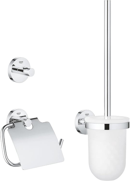 GROHE Start QuickFix Üçlü Tuvalet Aksesuar Seti, Kapaklı Tuvalet Kağıtlığı, Tuvalet Fırçası, Bornoz Askısı, Duş/Banyo Aksesuarları, Krom, 41204000