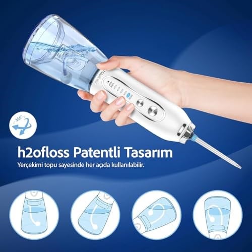 H2ofloss Şarjlı Kablosuz Ağız Duşu, Hızlı ve Etkili Diş Arası Temizliği – 300 ml Su Hazneli, 5 Modlu, 6 Başlıklı, IPX7 Su Geçirmez, Diş Taşı Temizliği (Beyaz)