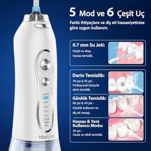 H2ofloss Şarjlı Kablosuz Ağız Duşu, Hızlı ve Etkili Diş Arası Temizliği – 300 ml Su Hazneli, 5 Modlu, 6 Başlıklı, IPX7 Su Geçirmez, Diş Taşı Temizliği (Beyaz)