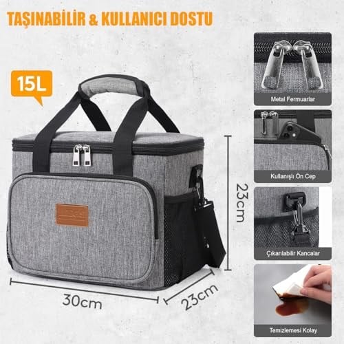 HAEGS Termal Çanta, Soğuk Sıcak Tutucu Yalıtımlı Beslenme Çantası, Soğutucu Buzluk Yemek Çantası 15L - Gri - Seçenekler: 8,5 Lt, 15 Lt