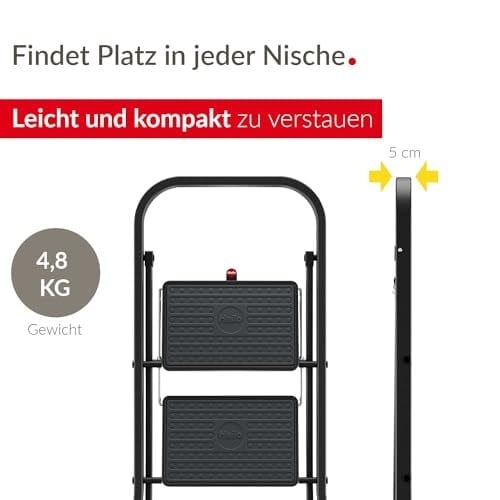 Hailo K44 StandardLine katlanır basamak – 2 kademeli çelik merdiven, büyük basamaklar ve kaymaz paspaslar – Çalışma yüksekliği 2,46 mye kadar – Ağırlık: 4,8 kg – Siyah