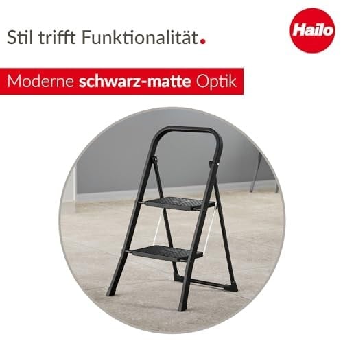 Hailo K44 StandardLine katlanır basamak – 2 kademeli çelik merdiven, büyük basamaklar ve kaymaz paspaslar – Çalışma yüksekliği 2,46 mye kadar – Ağırlık: 4,8 kg – Siyah