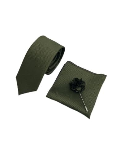 Haki Yeşili Kravat Mendil Yaka Çİçeği Set