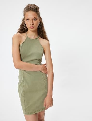 Halter Yaka Elbise Mini Kolsuz Dikiş Detaylı Slim Fit