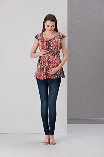 Hamile Şifon Parmak Desen Tunik (as8, numeric_height, Standart, Mercan, 44)