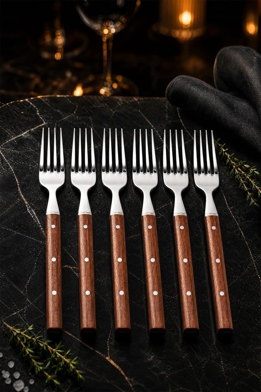Hand Caft Serisi Mutfak Bıçak Çatal Seti Gül Sap 6lı Steak Et Kahvaltı Yemek Çatalı (MFT-4527)