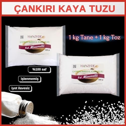 Hanzade Bitkisel 84 Mineralli Doğal Çankırı Kristal Kaya Tuzu 1 Kg Toz (Öğütülmüş) + 1 Kg Tane (Öğütülmemiş)