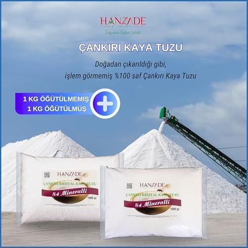 Hanzade Bitkisel 84 Mineralli Doğal Çankırı Kristal Kaya Tuzu 1 Kg Toz (Öğütülmüş) + 1 Kg Tane (Öğütülmemiş)