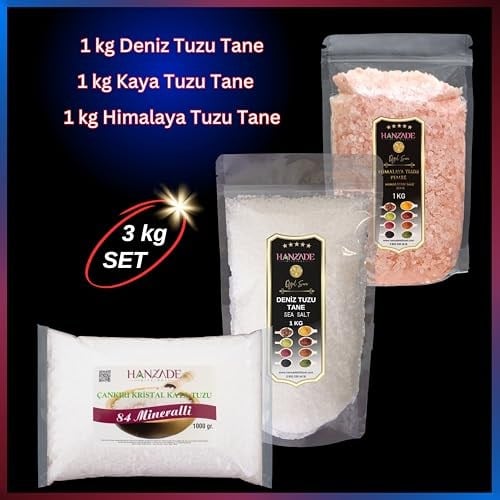Hanzade Bitkisel Çankırı Kaya Tuzu + Himalaya Tuzu + Deniz Tuzu (Tane Öğütülmemiş, 1 Kg x 3’lü Set) Doğal Tuz Seti