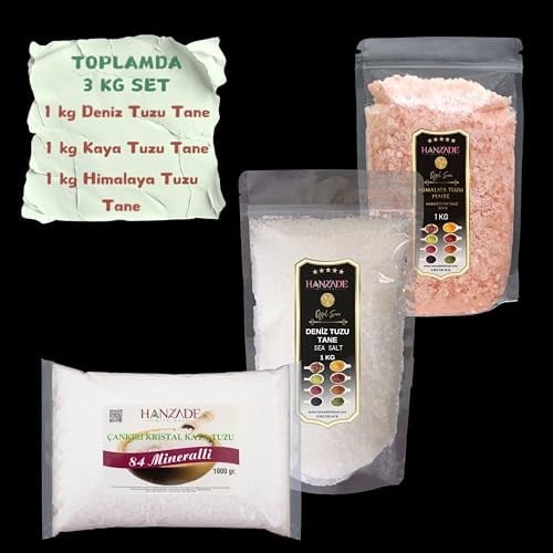 Hanzade Bitkisel Çankırı Kaya Tuzu + Himalaya Tuzu + Deniz Tuzu (Tane Öğütülmemiş, 1 Kg x 3’lü Set) Doğal Tuz Seti