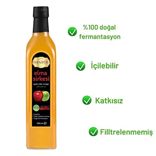 Hanzade Bitkisel Elma Sirkesi 500 ML Doğal Fermantasyon İçilebilir Katkısız Cam Şişe