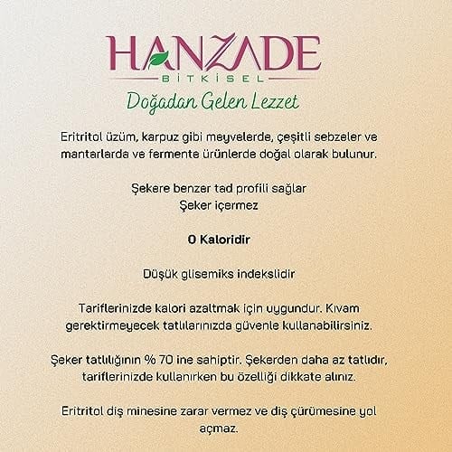 Hanzade Bitkisel Eritritol Doğal Toz Tatlandırıcı 1 Kg Sıfır Kalori Keto Diyet Erythritol