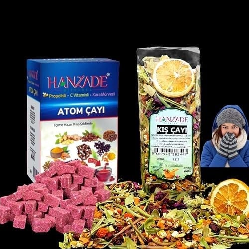 Hanzade Bitkisel Kış Çayı 200 Gr + Atom Çayı 150 Gr Kış Seti Propolisli - C Vitaminli - Kara Mürverli Zengin İçerikli