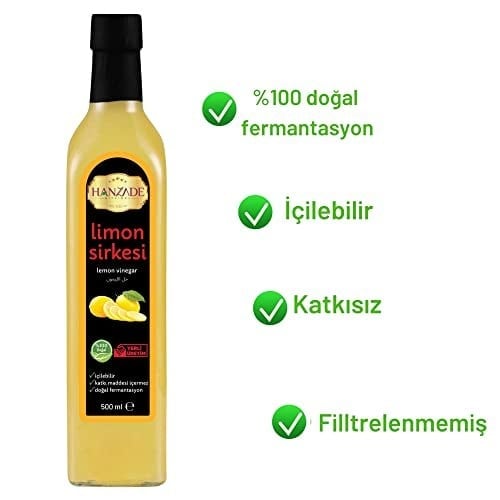 Hanzade Bitkisel Limon Sirkesi 500 ML x 3 Adet Doğal Fermantasyon İçilebilir Katkısız Cam Şişe