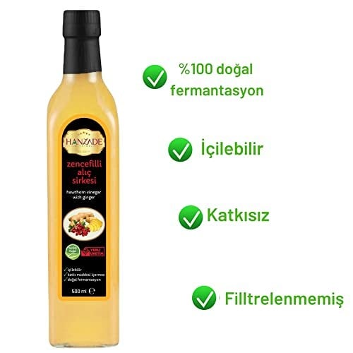 Hanzade Bitkisel Zencefilli Alıç Sirkesi 500 ML x 3 Adet Doğal Fermantasyon İçilebilir Katkısız Cam Şişe