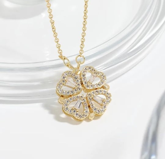Happy Trend Dört Yapraklı Katlanabilir Çelik Zirkon Taşlı Yonca Kolye, Açılınca 4 lü Kalp olan 2si 1 Arada Gold