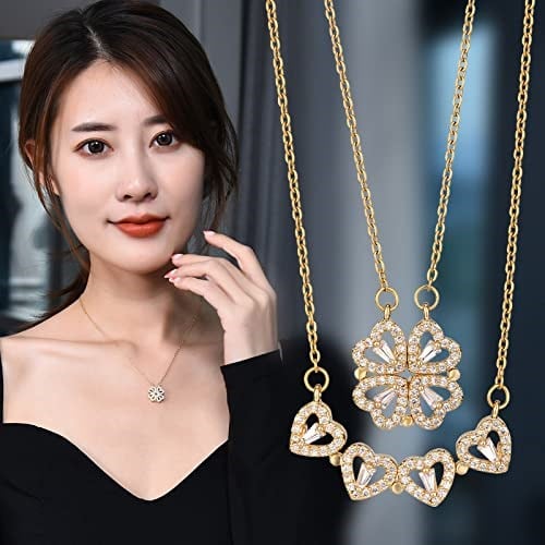 Happy Trend Dört Yapraklı Katlanabilir Çelik Zirkon Taşlı Yonca Kolye, Açılınca 4 lü Kalp olan 2si 1 Arada Gold