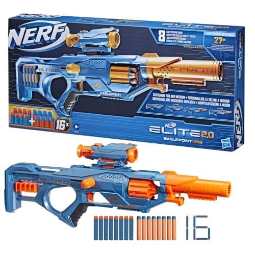 Hasbro Nerf Elite 2.0 Eaglepoint Rd-8 Atıcı 8 Dart Tamburu, Çıkarılabilir Nişan Dürbünü Ve Namlu, 16 Nerf Dart, Sürgü Hareketi
