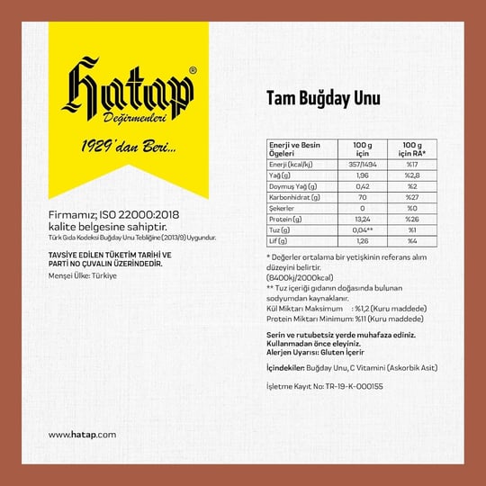 Hatap Değirmenleri Tam Buğday Unu 10 KG