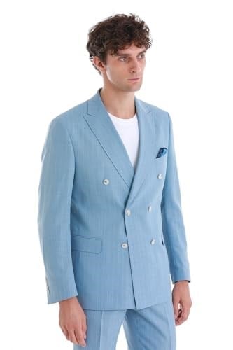 Hatemoğlu Mavi Slim Fit Çizgili Kruvaze Takım Elbise