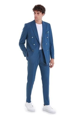 Hatemoğlu Mavi Slim Fit Çizgili Kruvaze Takım Elbise