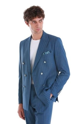 Hatemoğlu Mavi Slim Fit Çizgili Kruvaze Takım Elbise
