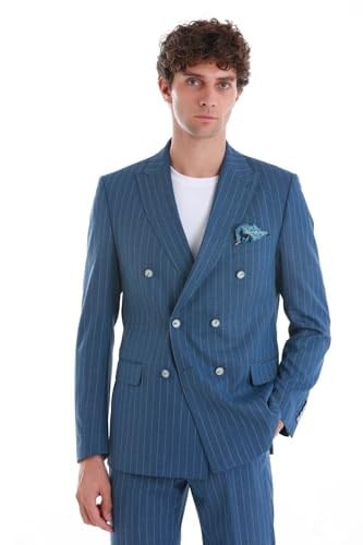 Hatemoğlu Mavi Slim Fit Çizgili Kruvaze Takım Elbise
