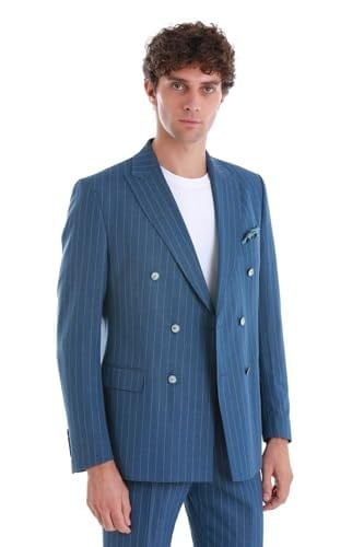 Hatemoğlu Mavi Slim Fit Çizgili Kruvaze Takım Elbise