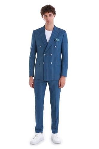 Hatemoğlu Mavi Slim Fit Çizgili Kruvaze Takım Elbise