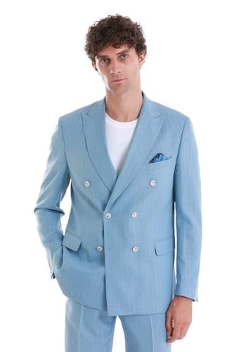Hatemoğlu Mavi Slim Fit Çizgili Kruvaze Takım Elbise