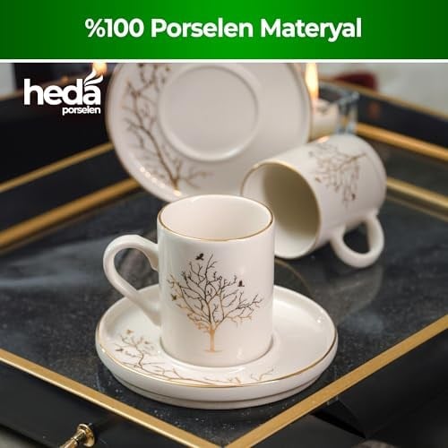 Heda Porselen Hayat Ağacı 4 Parça 2 Kişilik Porselen Kahve Fincan Takımı 100 ml – Şık Desenli Türk Kahvesi Seti, Çeyizlik ve Hediyelik