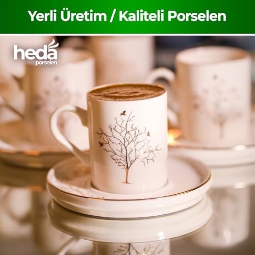 Heda Porselen Hayat Ağacı 4 Parça 2 Kişilik Porselen Kahve Fincan Takımı 100 ml – Şık Desenli Türk Kahvesi Seti, Çeyizlik ve Hediyelik