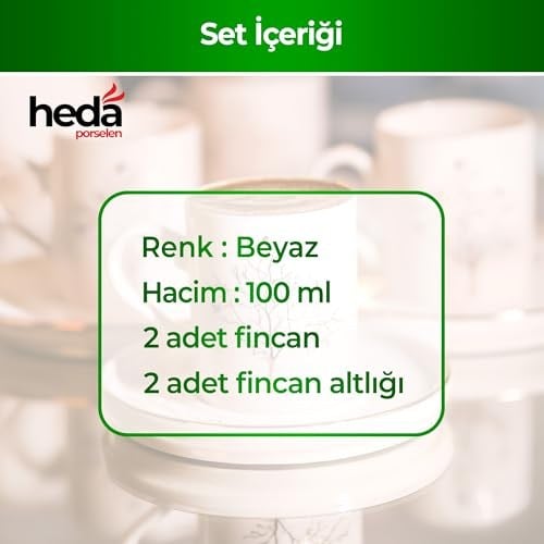 Heda Porselen Hayat Ağacı 4 Parça 2 Kişilik Porselen Kahve Fincan Takımı 100 ml – Şık Desenli Türk Kahvesi Seti, Çeyizlik ve Hediyelik