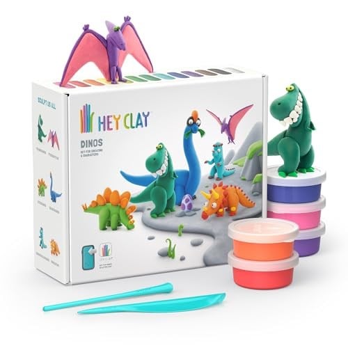 HEY CLAY Dinozorlar Seti - Çocuklar için Hava ile Kuruyan ve Şekil Alan Kil - 15 Kutu Kil Seti ve Şekillendirme Aletleri - 5-7 Yaş Çocuklar için Dinozor Oyuncakları