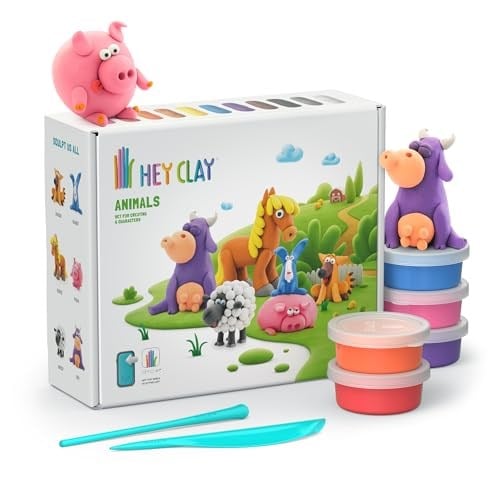 HEY CLAY Hayvanlar Seti - Hava ile Kuruyan 15 Kutu Kil Seti ve Şekillendirme Aletleri ile Eğlenceli ve Etkileşimli Talimatlar Uygulaması