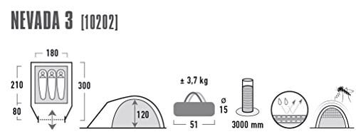 High Peak Kubbe Çadırı Nevada 3, Ön montajlı kamp çadırı 3 kişilik Iglu-çadır, çift duvarlı, su geçirmez, havalandırma sistemi, hava şartlarına karşı koruma girişi, sivrisinek koruması