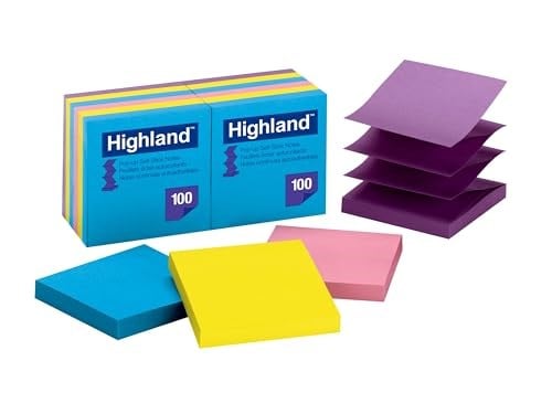 Highland Pop-up-notlar, 7,6 x 7,6 cm, farklı parlak renkler, 12 adet