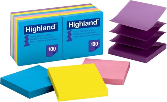 Highland Pop-up-notlar, 7,6 x 7,6 cm, farklı parlak renkler, 12 adet